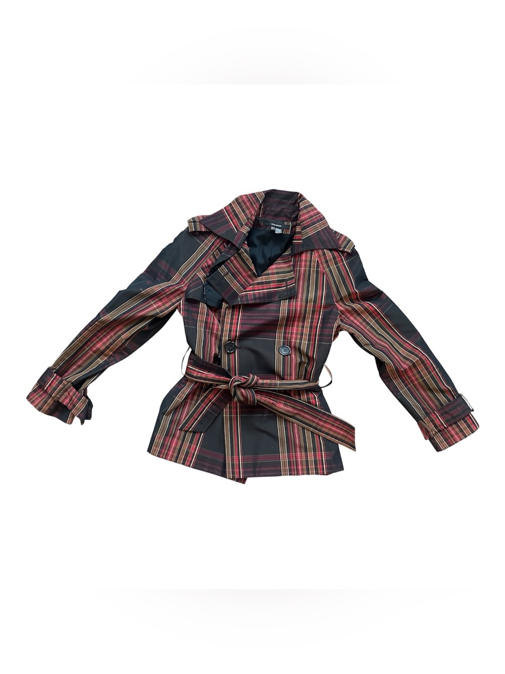 ZARA Basic Plaid Belted Nylon Trench Coat in Black & Red